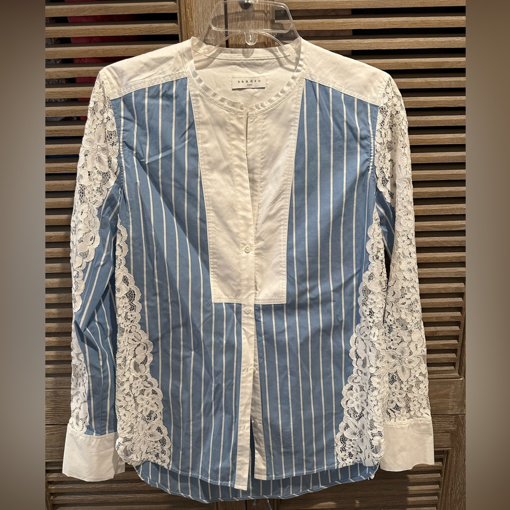 Sandro Blue and White Striped Lace-Trim Tunic Top